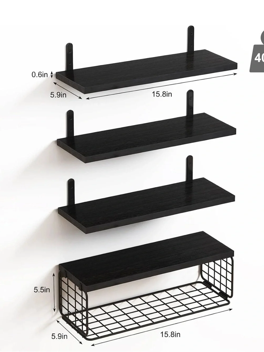 Fixwal Floating Wall Shelves in black wood. Wall Decor for any room. New.
